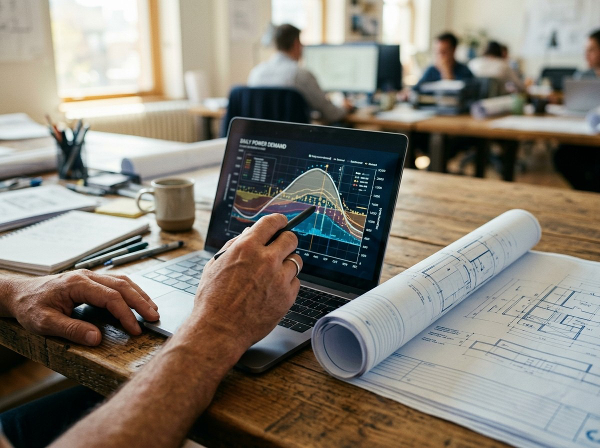 Engineer at a laptop showing a daily power demand chart with a load curve, rolled drawings on the desk