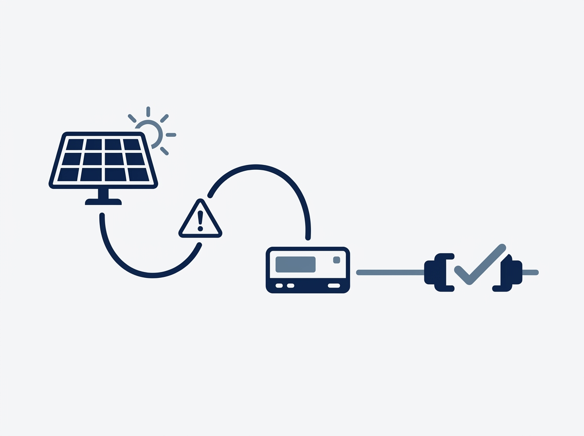 Diagram of a solar array with a warning symbol on the DC line feeding a detection unit that opens the circuit
