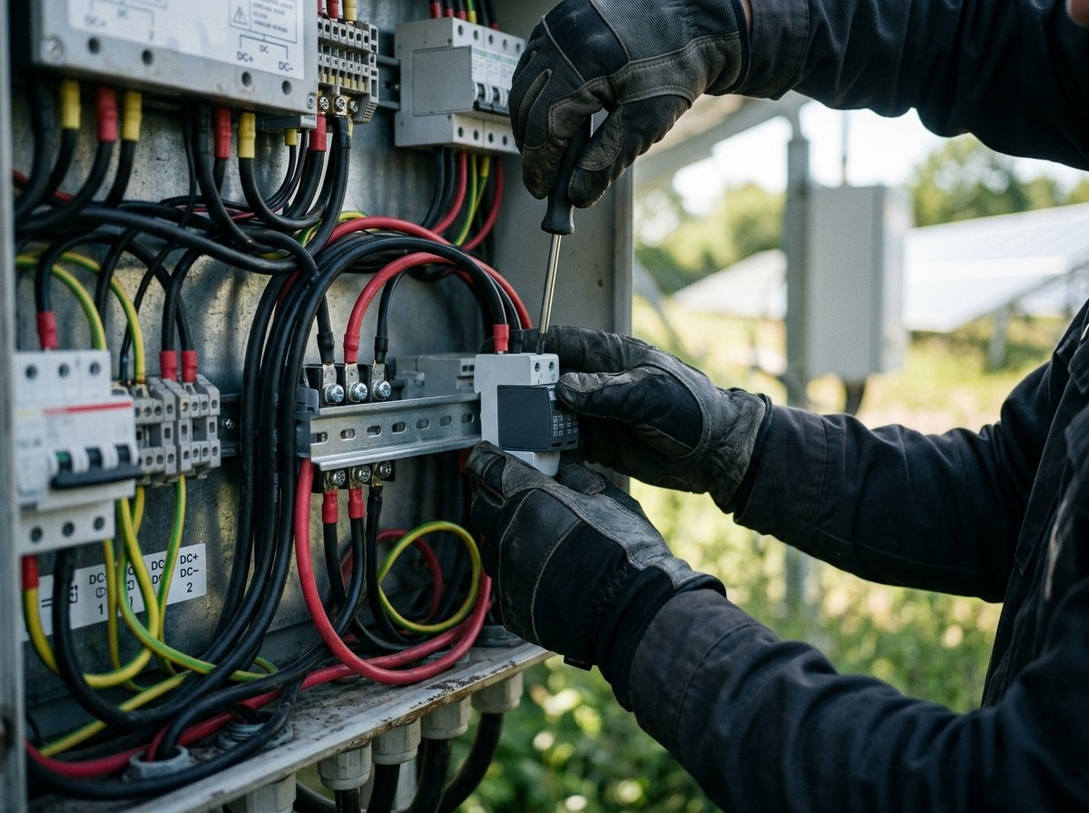 Gloved hands fitting a DC protection device on rail inside an outdoor combiner with labelled DC circuits