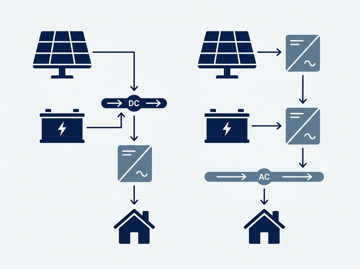 Schematic comparing a DC-coupled battery on a shared DC bus with an AC-coupled battery on its own inverter