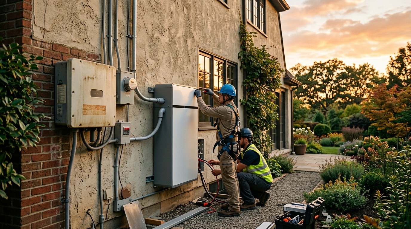 Two installers mounting a battery cabinet on a wall beside an existing solar inverter and meter box