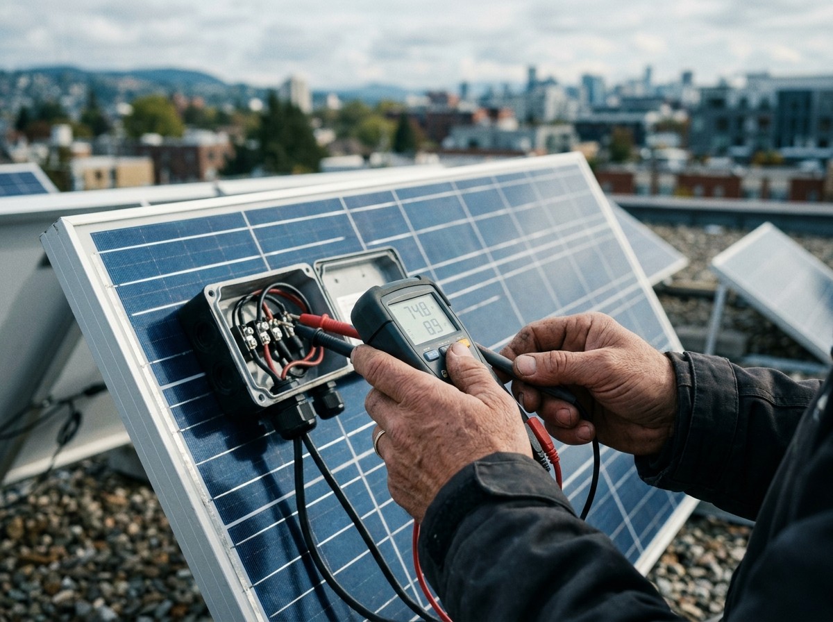 Hands holding a meter at the open junction box of a solar module on a rooftop, reading shown on the display