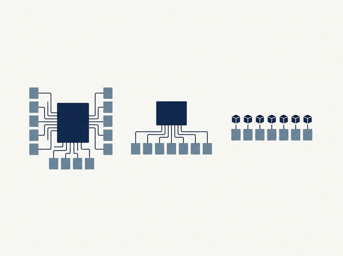 Diagram of three inverter topologies: many modules to one unit, groups to one unit, and one unit per module