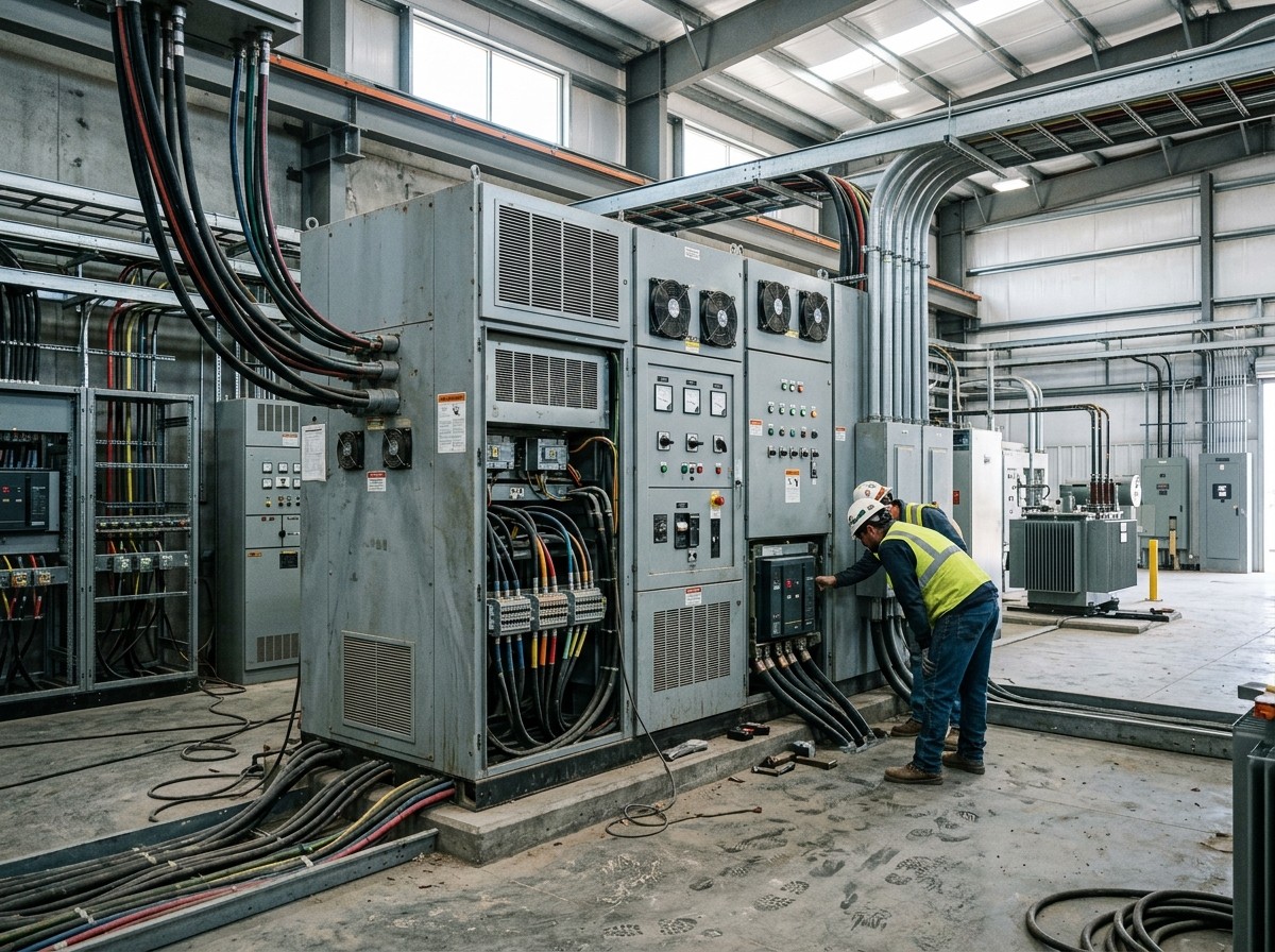 Engineer working at a line-up of large floor-standing inverters and switchgear with heavy cabling