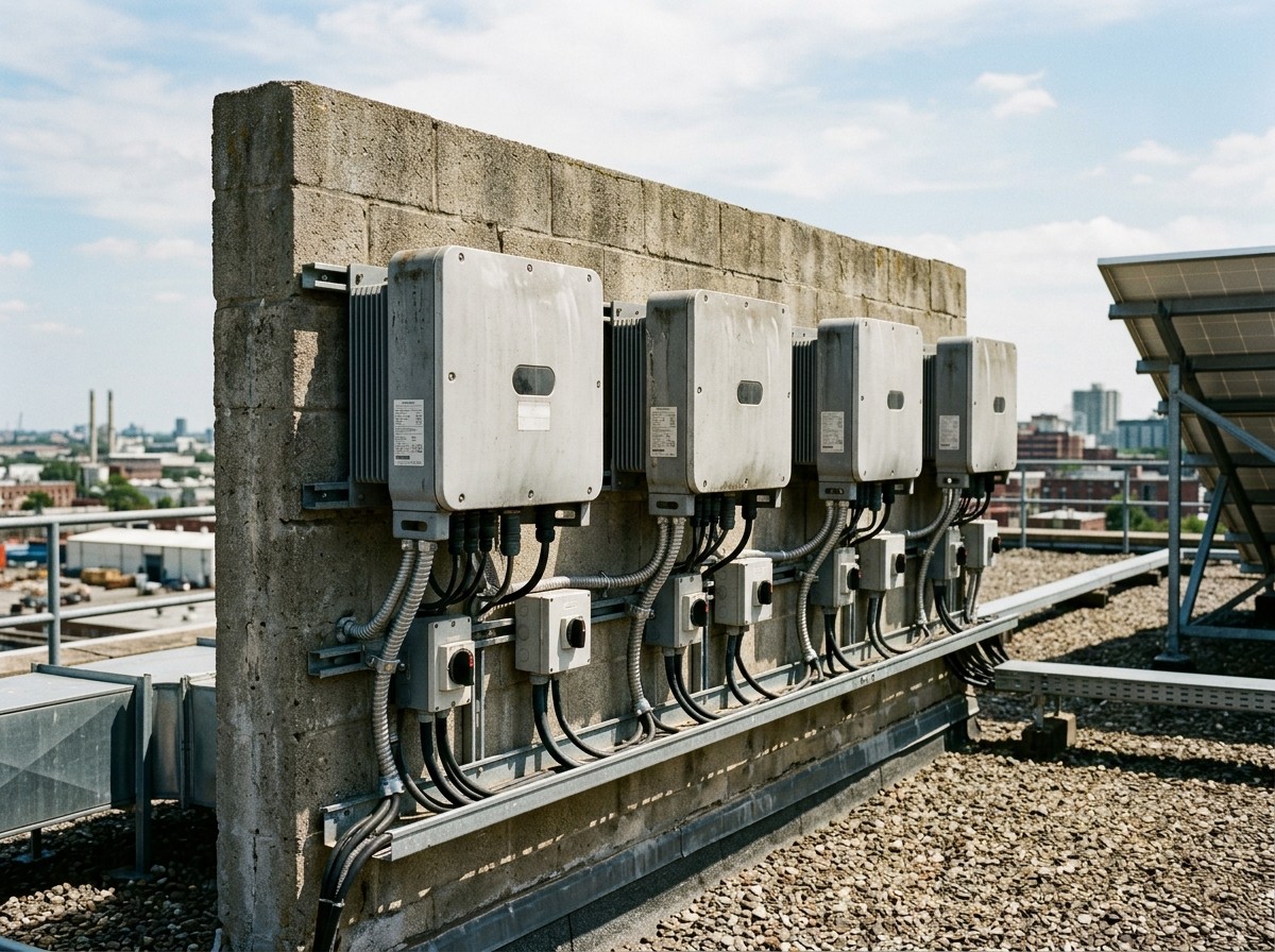 Four string inverters mounted in a row on a rooftop wall with isolators beneath and an array behind