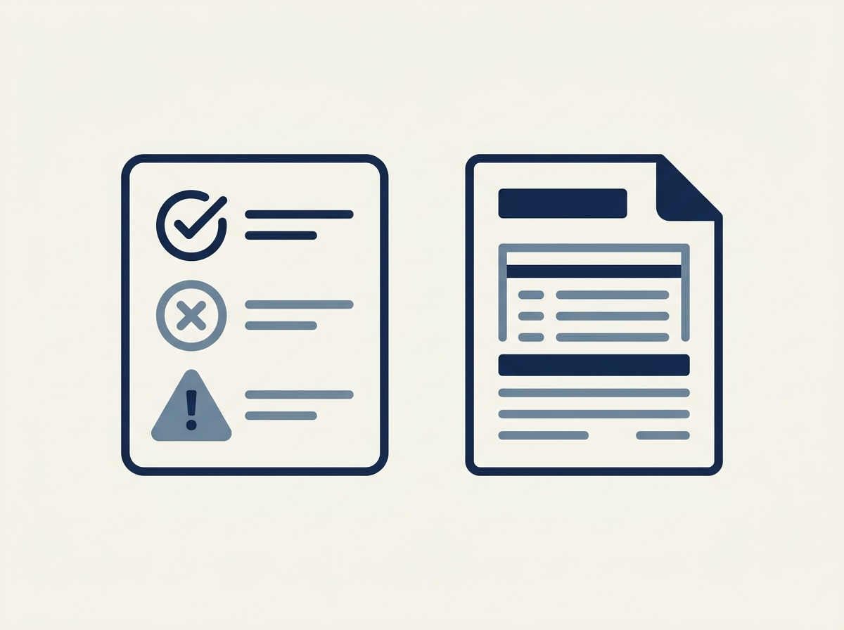 Flat illustration of a checklist page marked with tick, cross and warning symbols beside a completed form page
