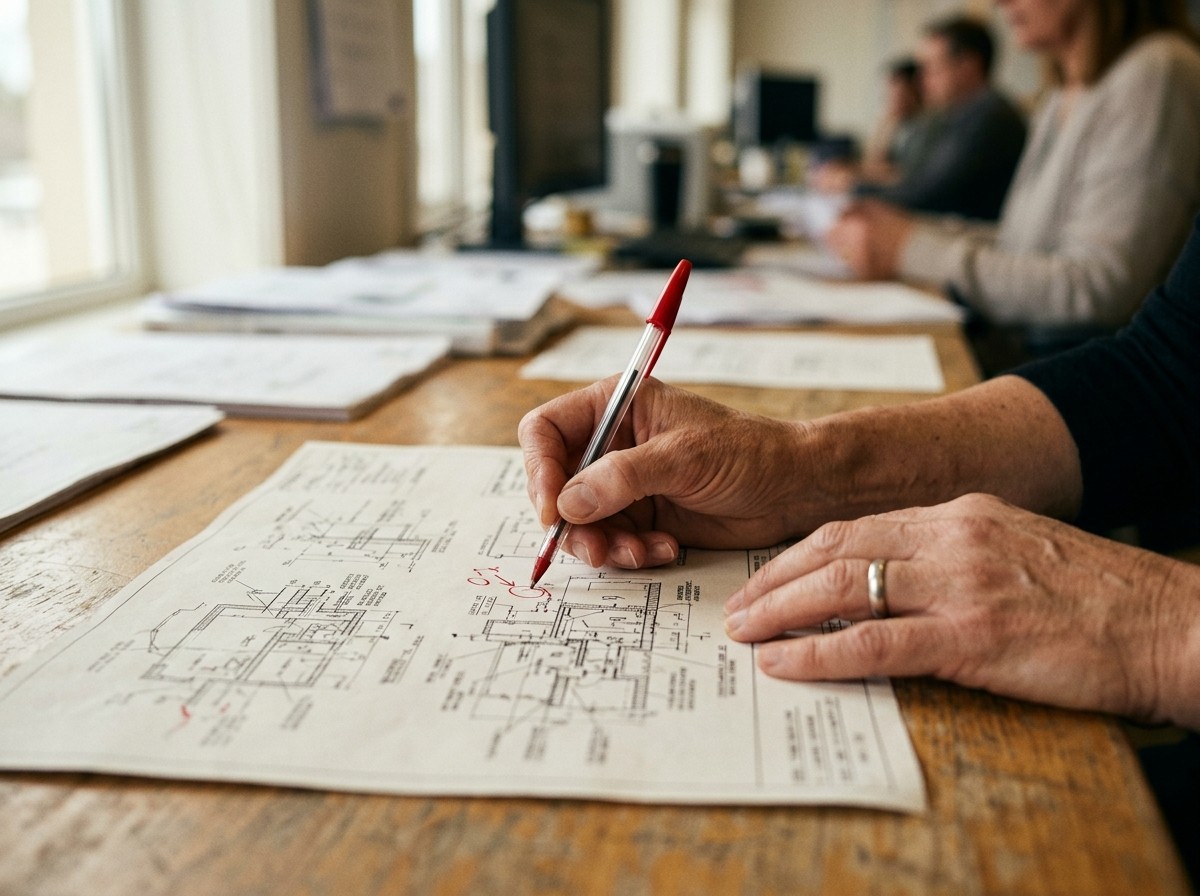 Hands annotating a printed electrical schematic in red pen at a meeting table, with more drawings spread out alongside