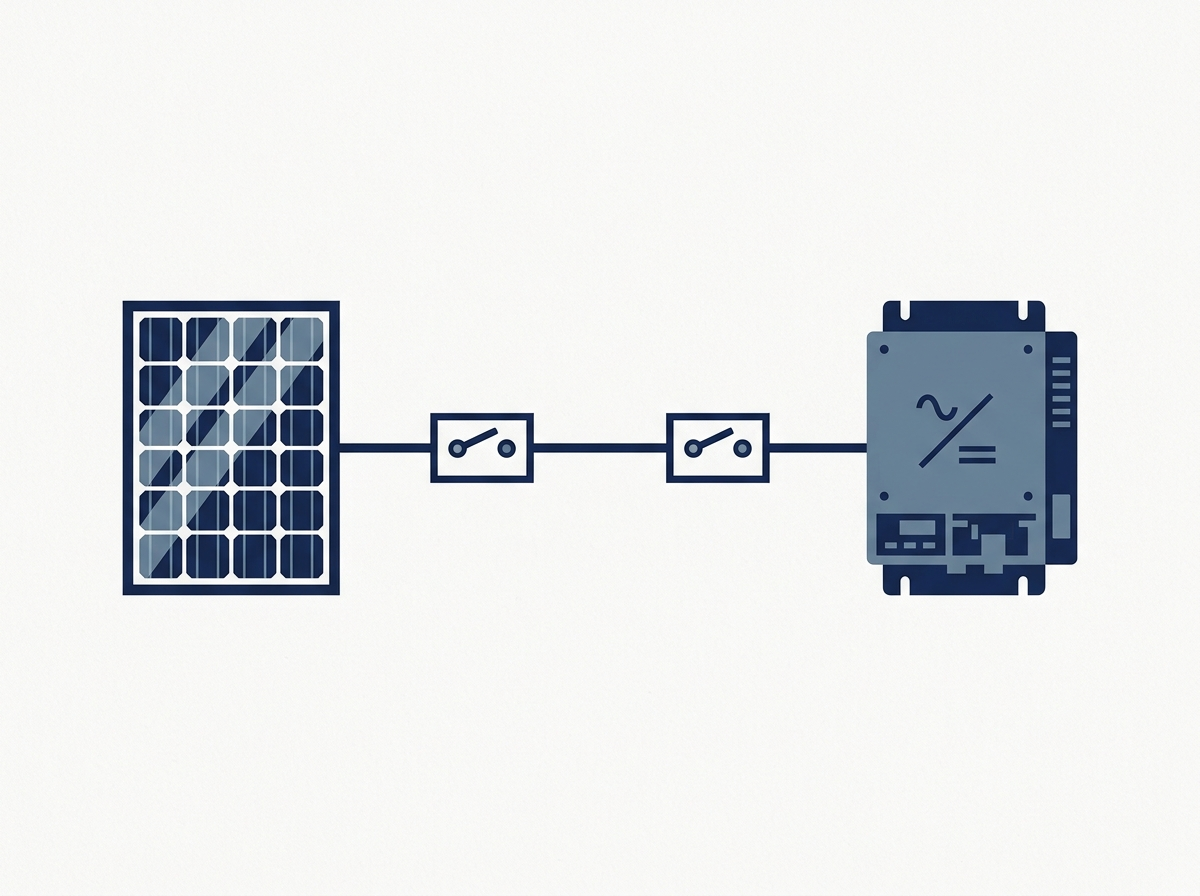 Single-line diagram of a PV module connected through two switch symbols in series to an inverter
