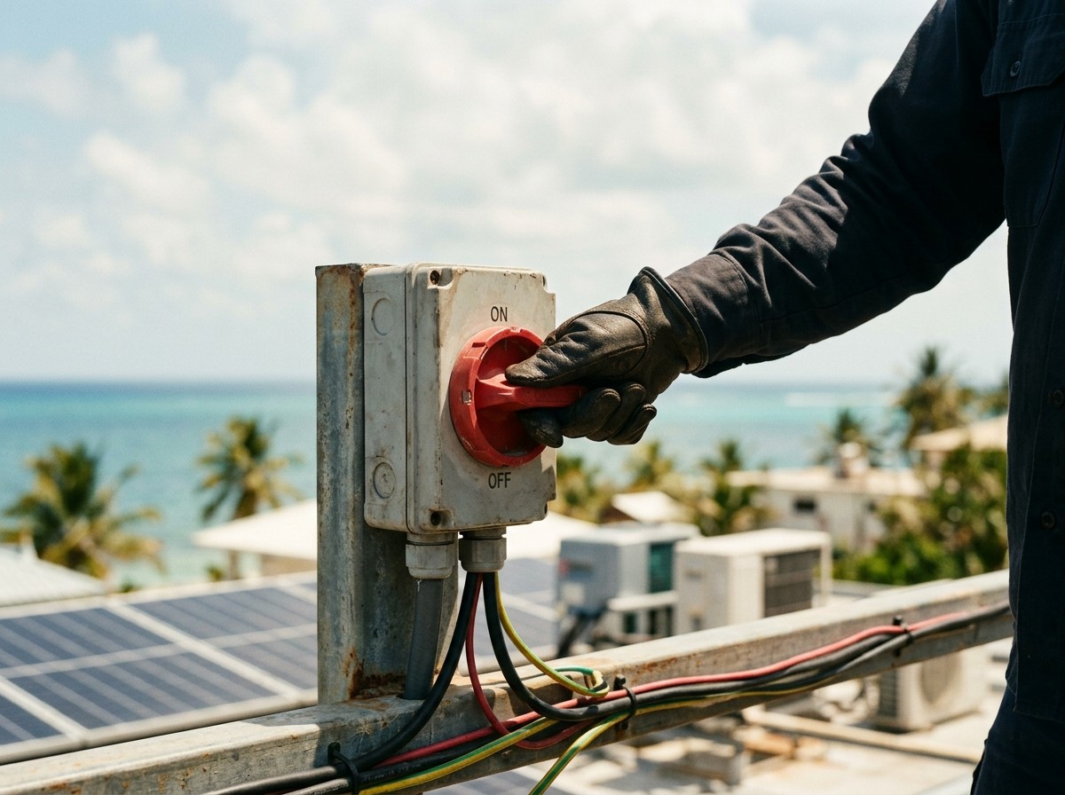 Gloved hand turning the red handle of a weathered rooftop DC isolator with modules and the sea behind