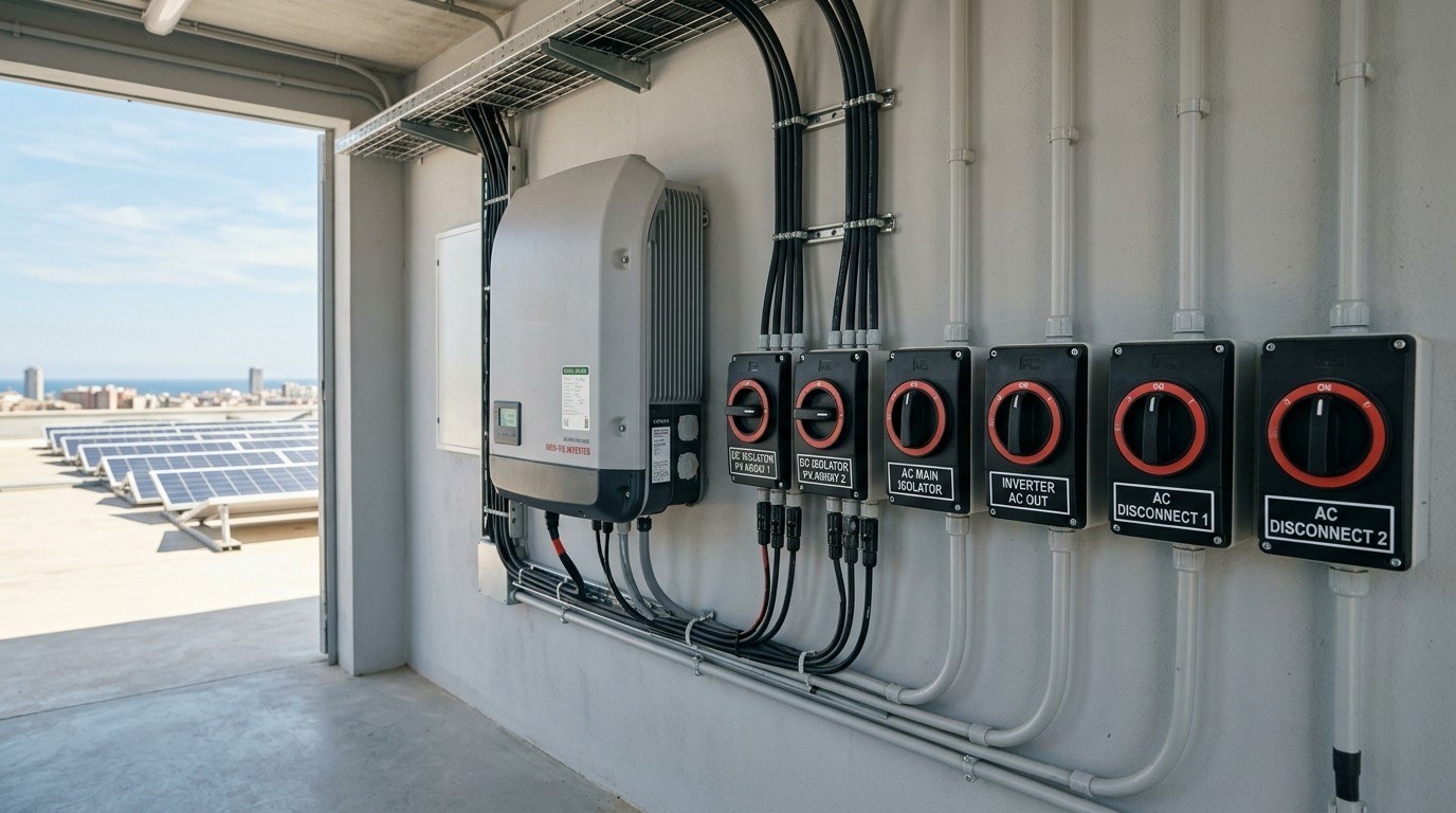 Wall-mounted inverter beside a row of six labelled DC and AC isolators with conduit dropping from each