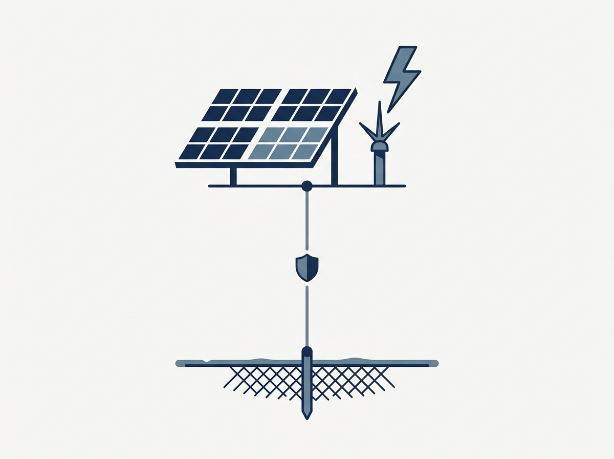 Diagram of a solar array and air terminal bonded down through a surge protection device to an earth electrode