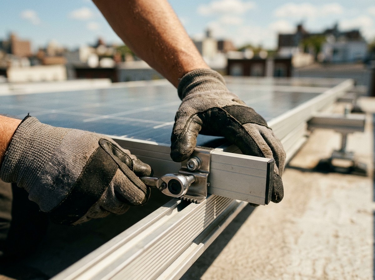 Gloved hands tightening a clamp where a solar module frame meets the aluminium mounting rail