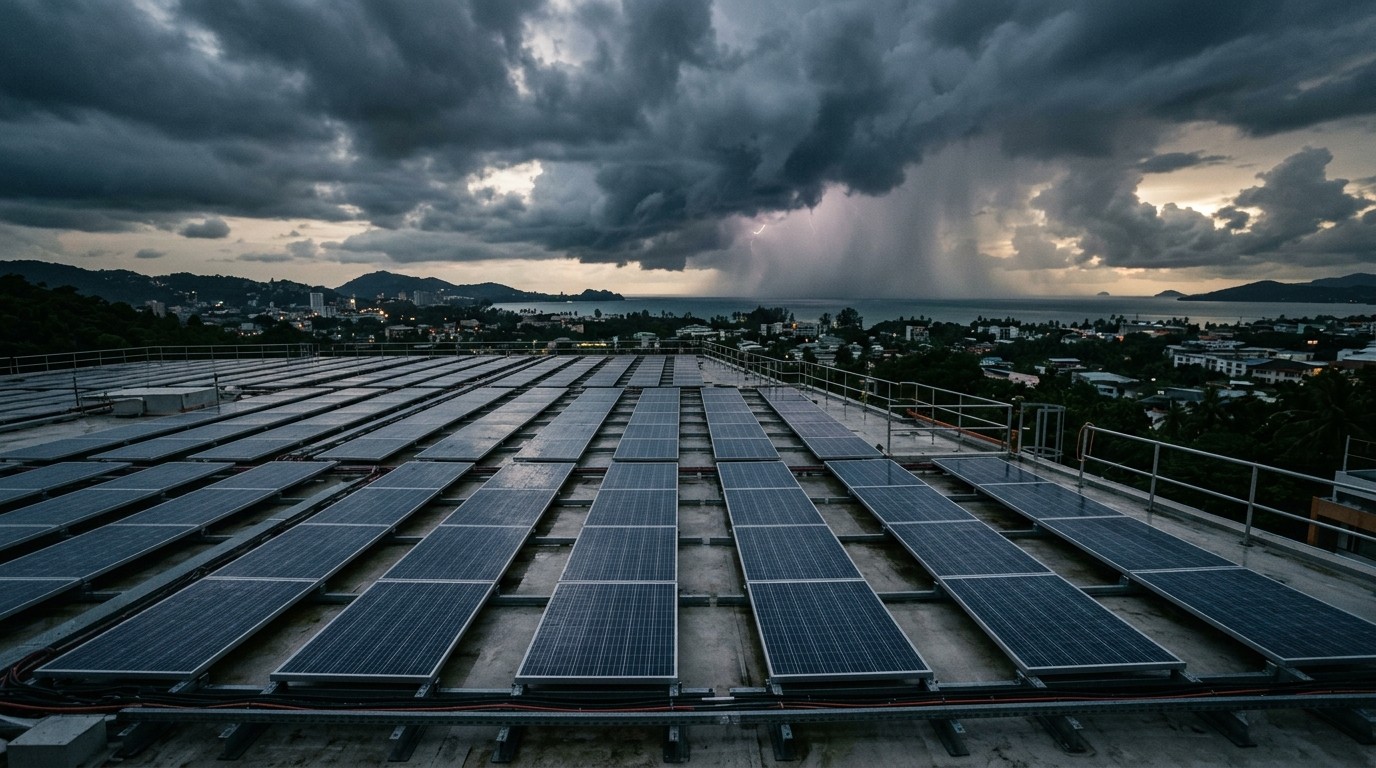 Rows of rooftop solar modules under a dark storm front with lightning visible over the coast beyond