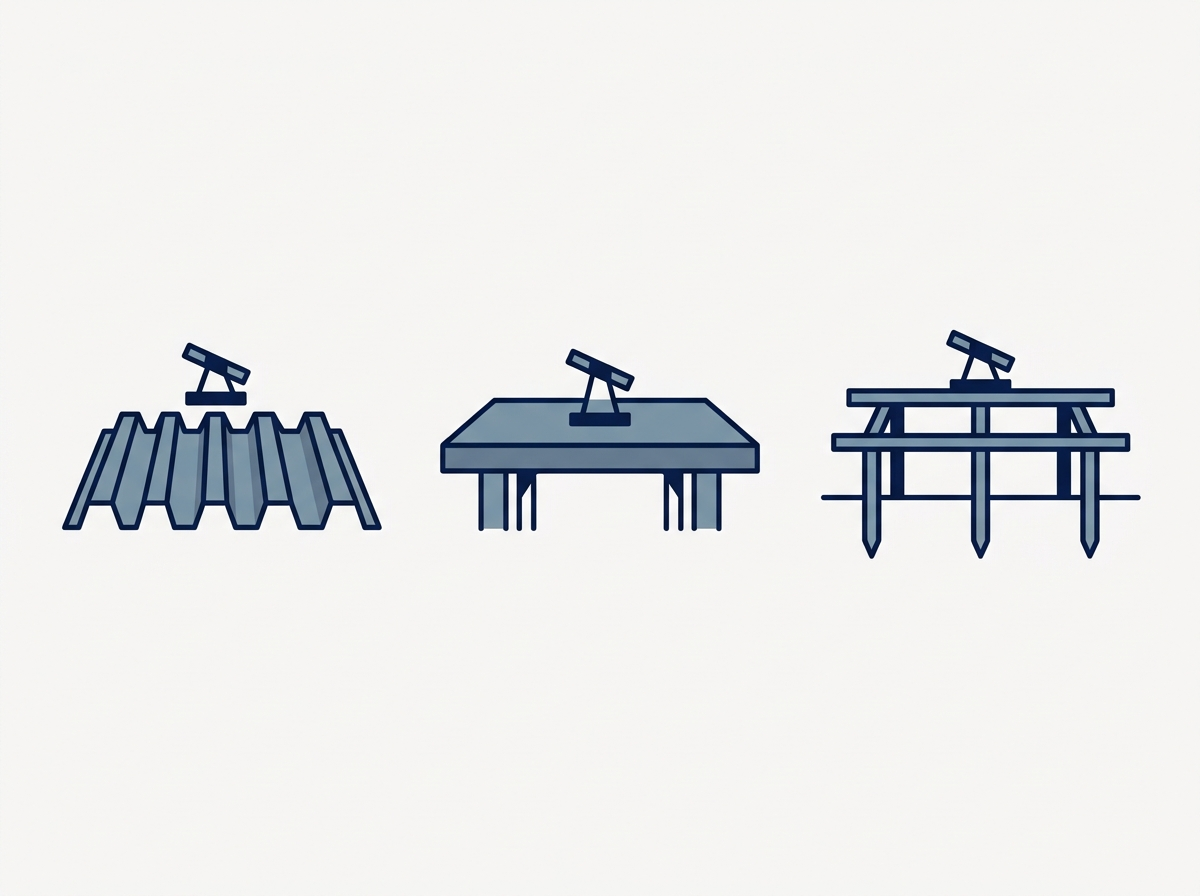Illustration of modules mounted on a profiled metal deck, a flat concrete slab and posts in the ground