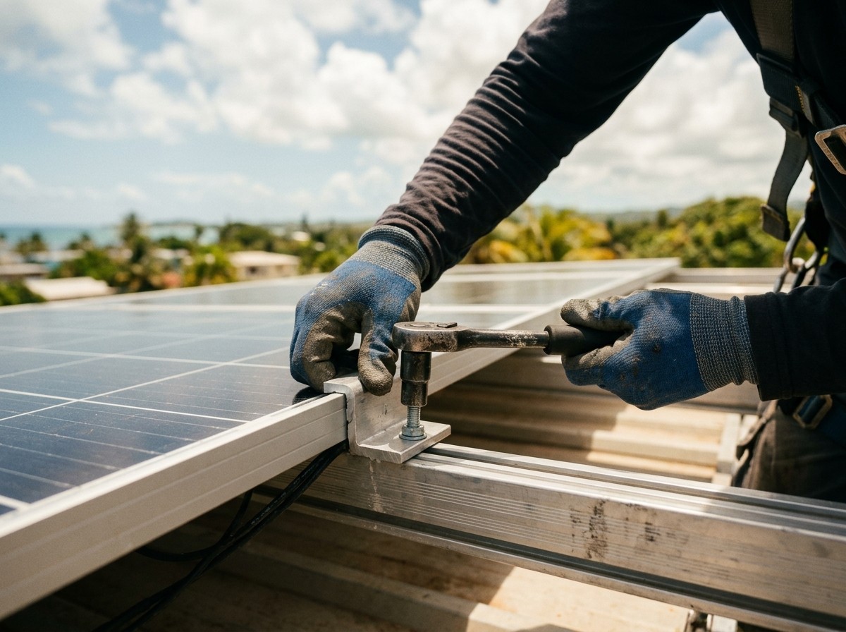 Installer in a harness tightening a module mid-clamp with a ratchet on a rooftop array
