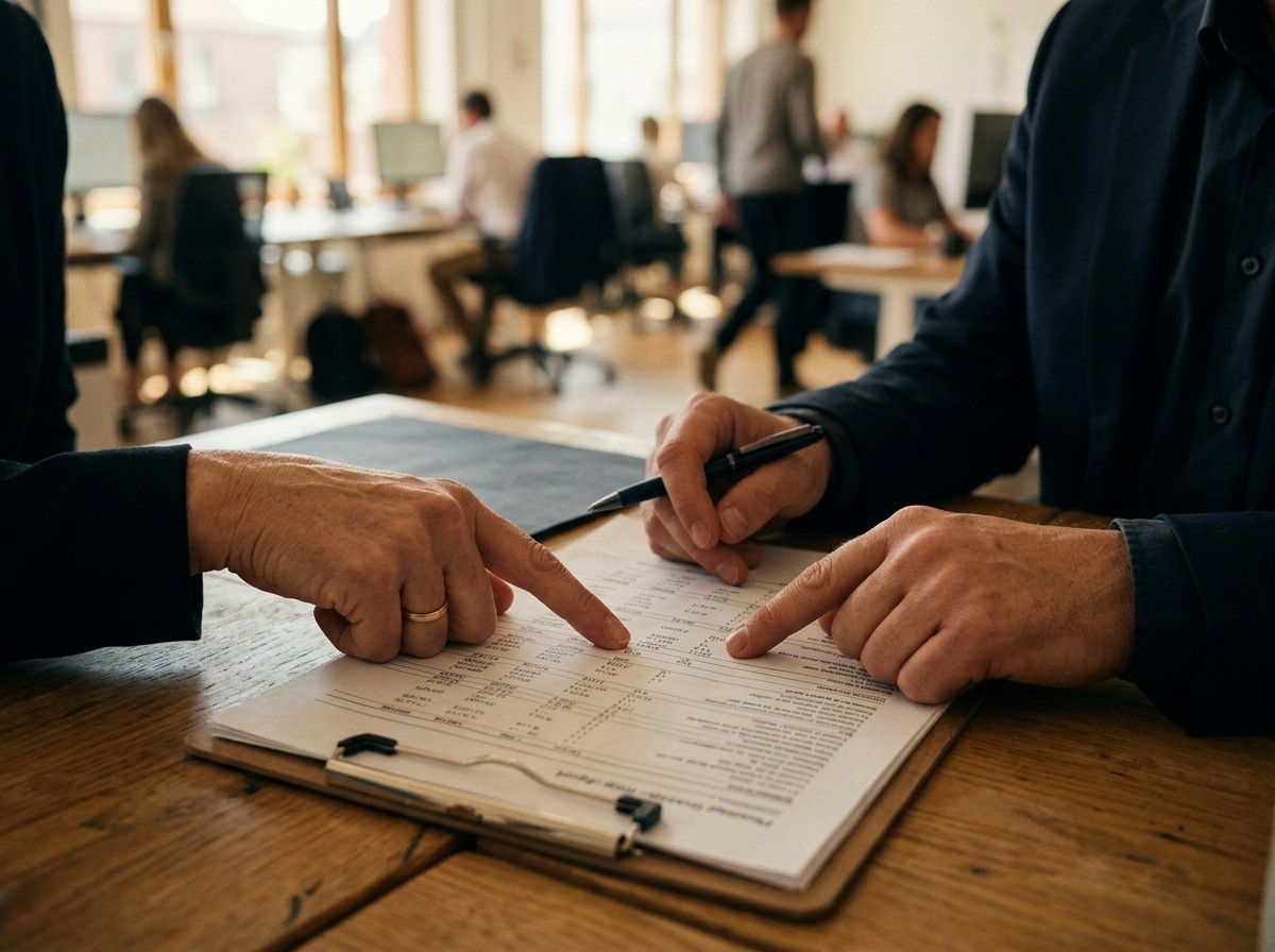 Two people at a desk pointing at lines on a printed schedule on a clipboard in an open-plan office