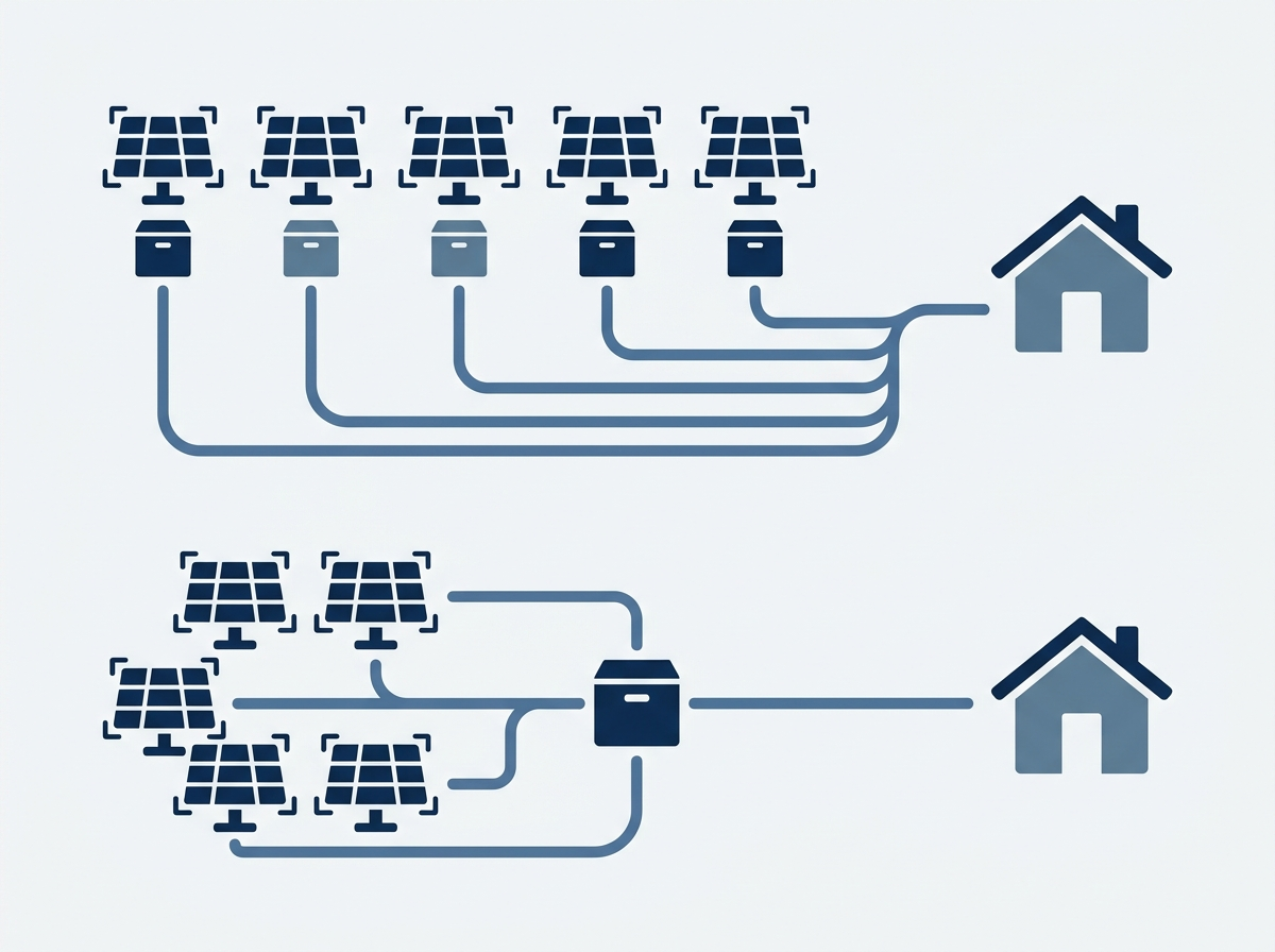 Diagram comparing modules with individual microinverters against several modules feeding one string inverter