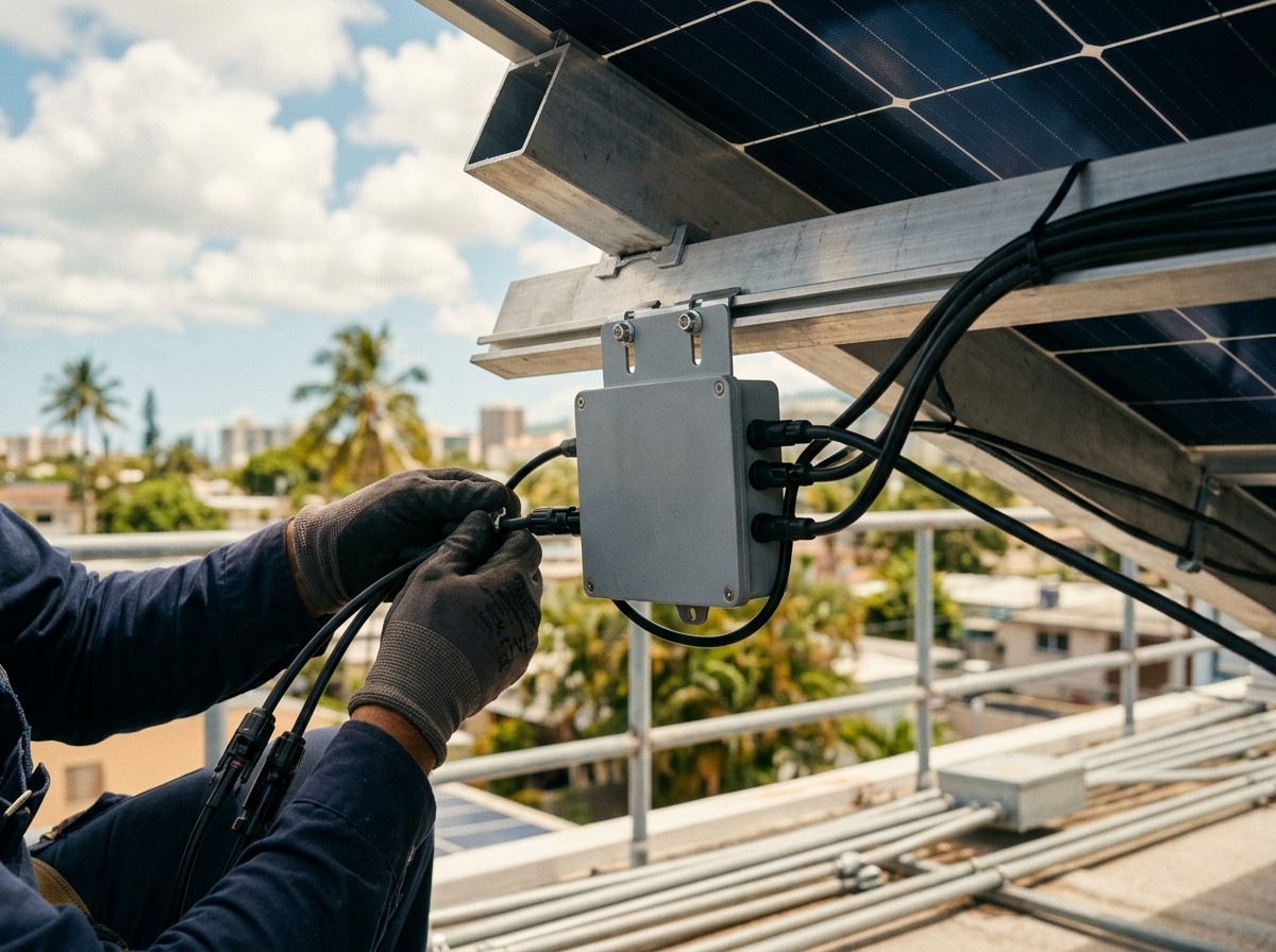 Gloved hands plugging a lead into a microinverter mounted on a rail beneath a rooftop module
