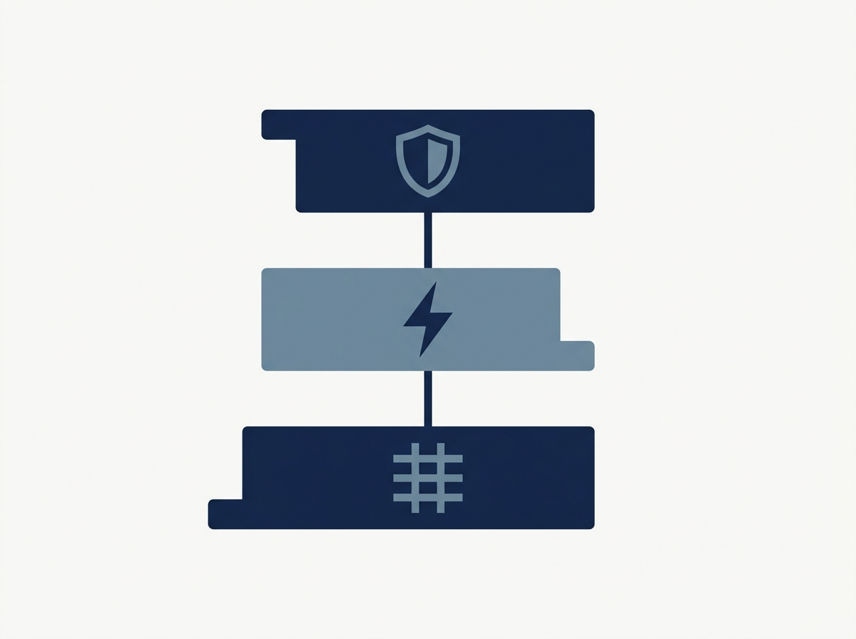 Illustration of three stacked bands joined by a vertical line, each carrying a different symbol