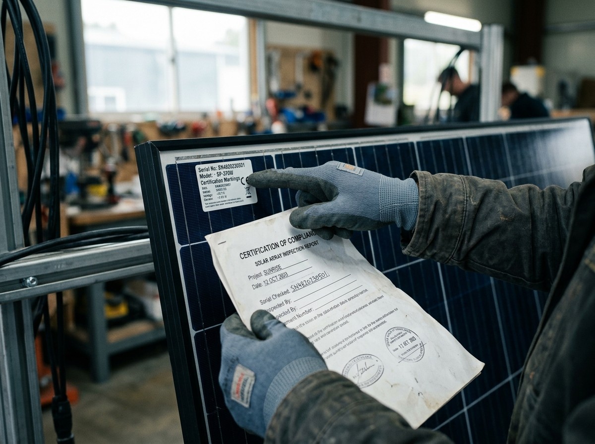 Gloved hands holding a compliance document against a module while pointing at its serial and certification label