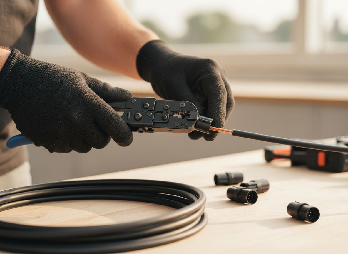 Installer assembling a genuine solar DC connector with the correct crimping tool