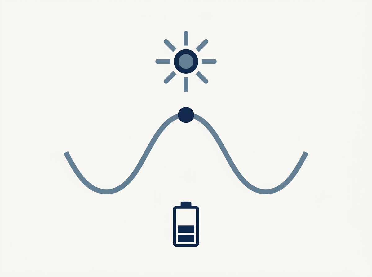 Flat illustration of a curve with a single marked point at its peak beneath a sun icon, representing the maximum power point