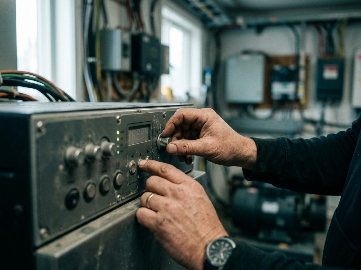 Hands adjusting the dial and buttons on an industrial control panel with a digital readout, plant room equipment behind