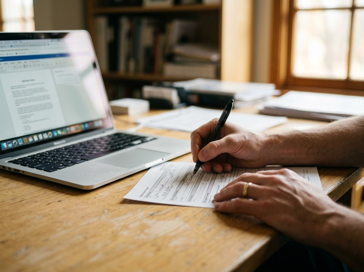 Hands completing a printed application form at a desk beside an open laptop showing a document