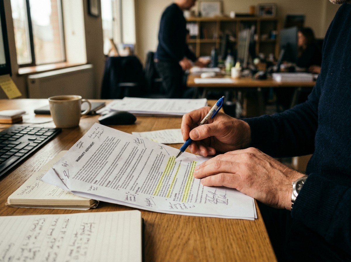 Hands marking up a printed warranty agreement with highlighted sections on an office desk