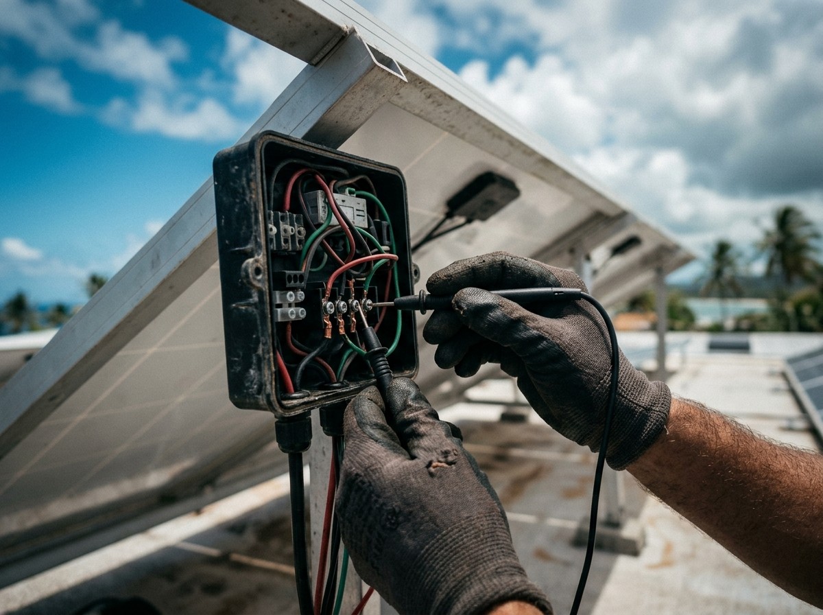 Gloved hands holding test probes on terminals inside an open junction box on the back of a module