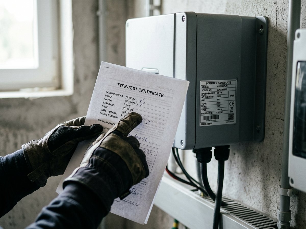 Engineer cross-checking a solar inverter type-test certificate against the unit nameplate in Malaysia