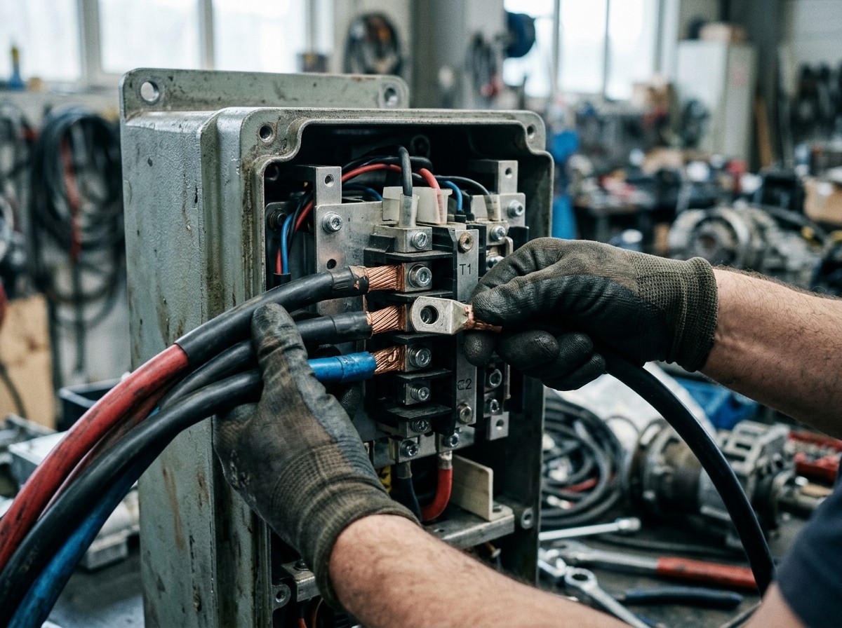 Gloved hands landing red, black and blue phase conductors onto the terminal block of an industrial isolator