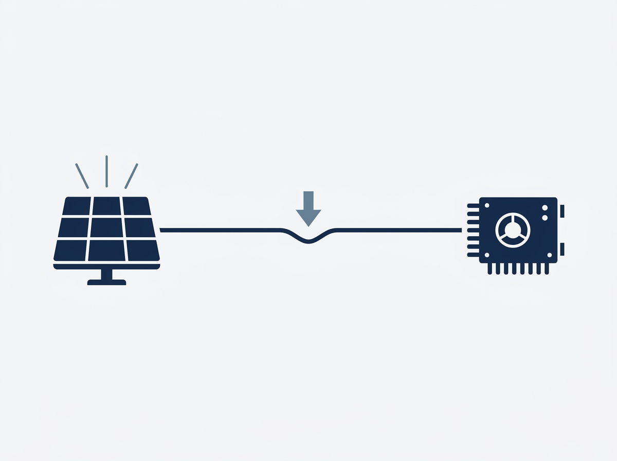 Flat illustration of a solar module linked to an inverter by a line that dips, showing voltage lost along the run