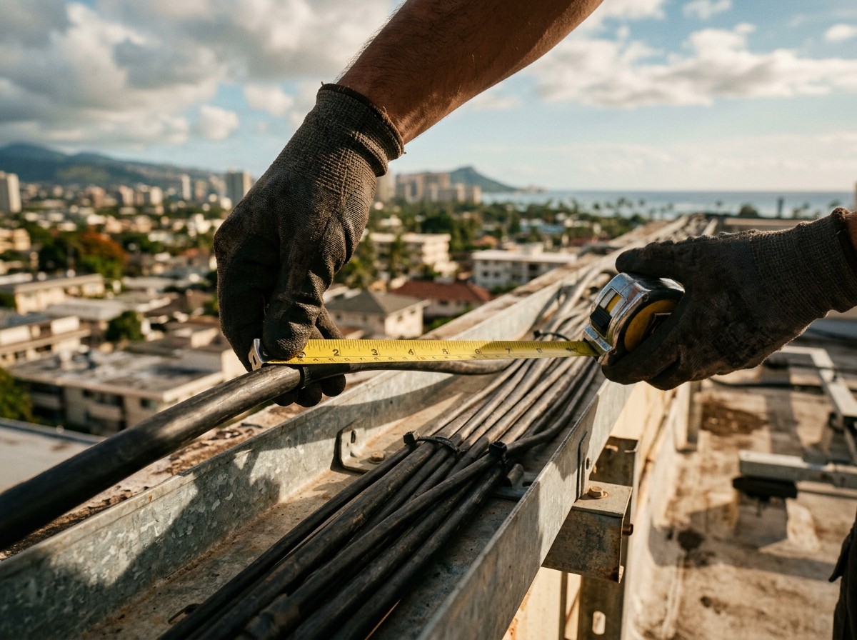 Gloved hands using a tape measure across bundled DC cables at the edge of a rooftop installation