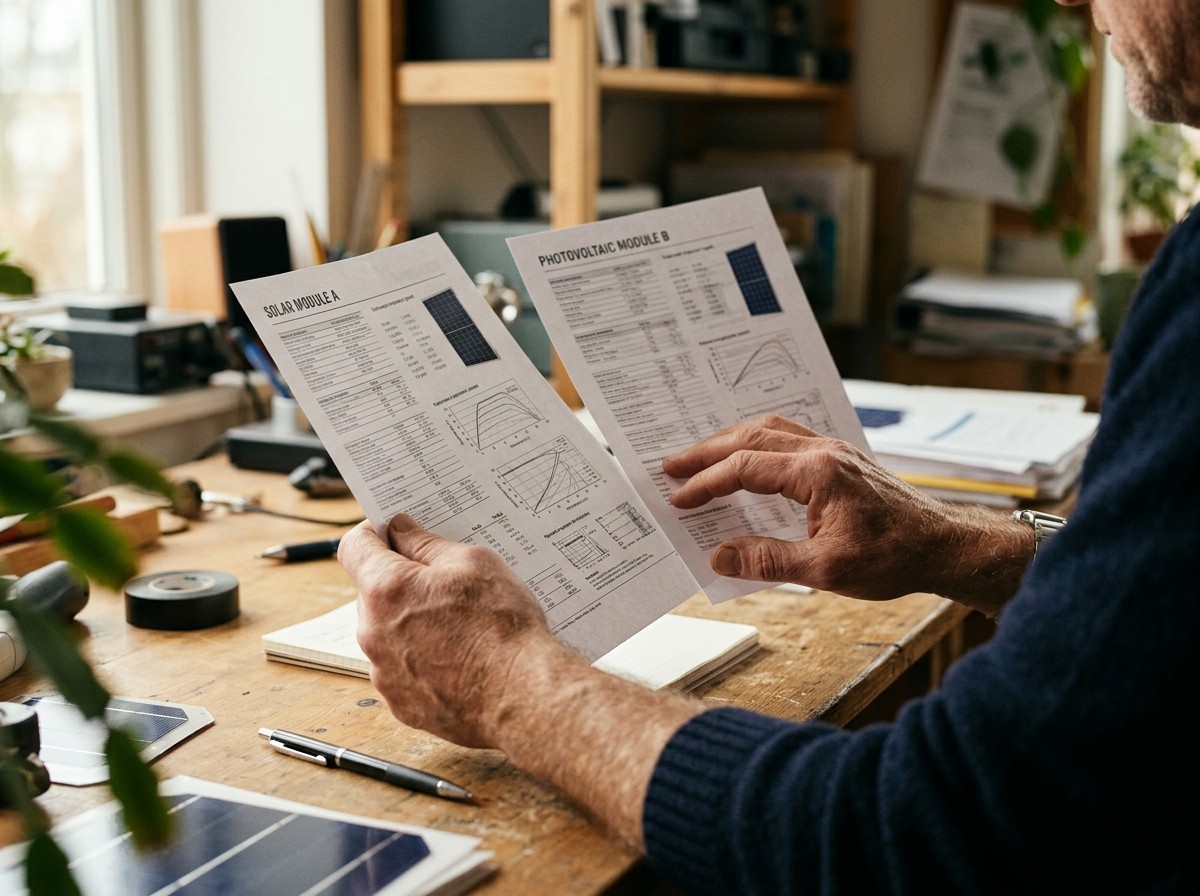 Two solar module datasheets held side by side showing specification tables and performance curves