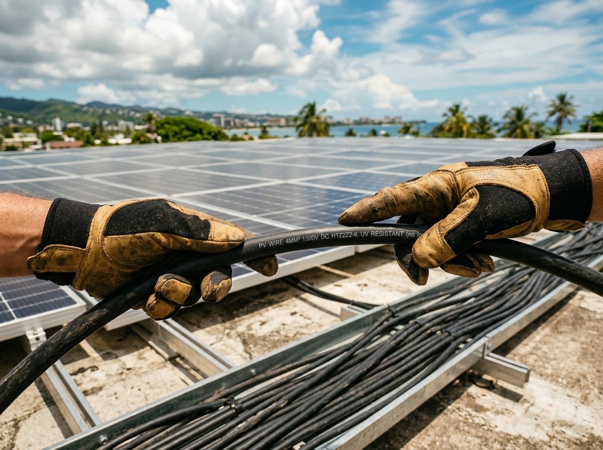 Installer inspecting solar DC cable jacket markings and certification print on a Malaysian rooftop