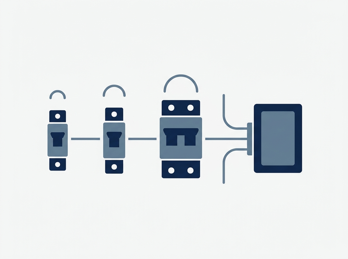 Illustration of two fuses and a circuit breaker in series along a DC line running to an inverter