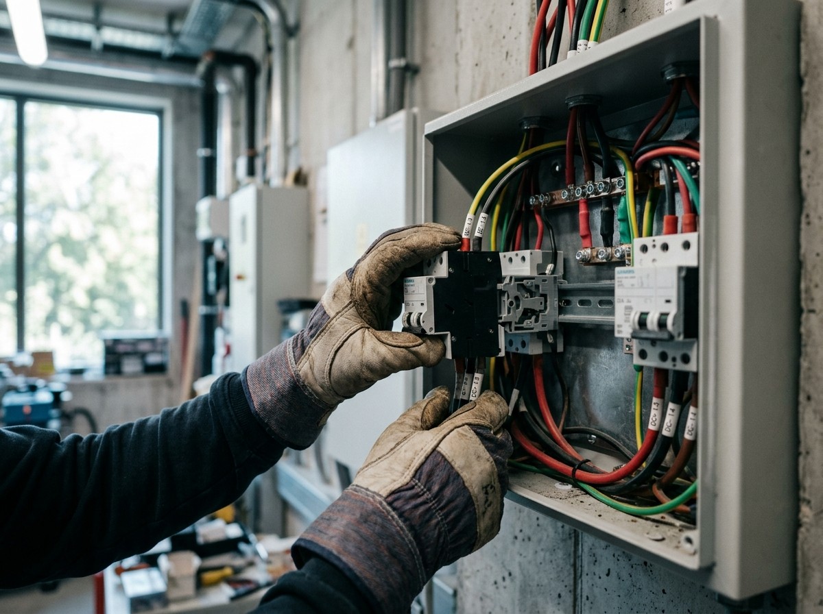 Gloved hands clipping a DC protection device onto DIN rail inside a wall-mounted enclosure