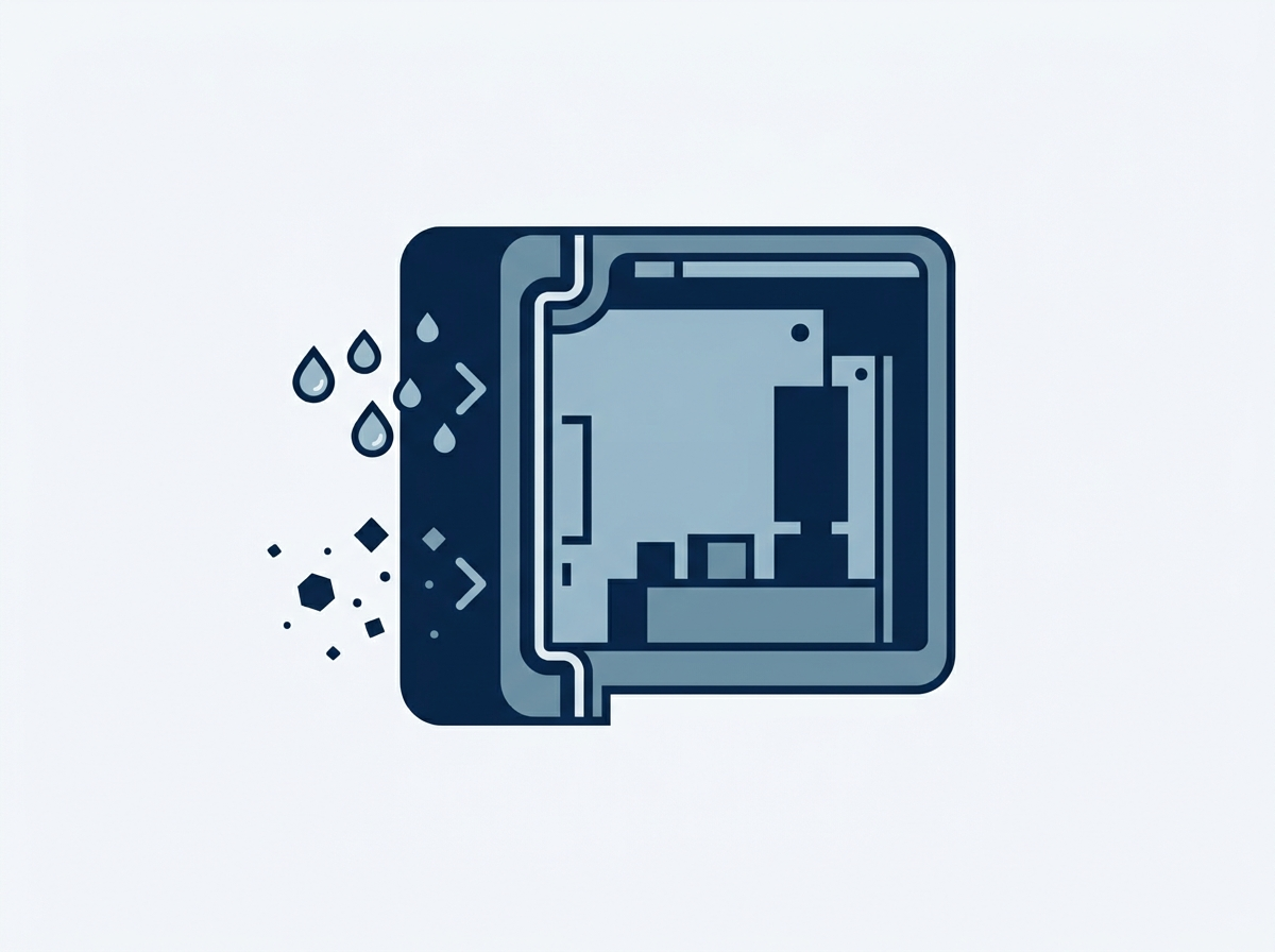 Cutaway illustration of a sealed enclosure turning away water droplets and dust with electronics inside