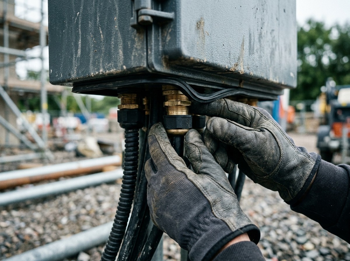Gloved hands tightening a cable gland on the underside of an outdoor electrical enclosure