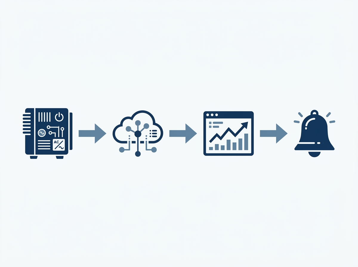 Diagram of a data chain from inverter to cloud to dashboard to an alert bell