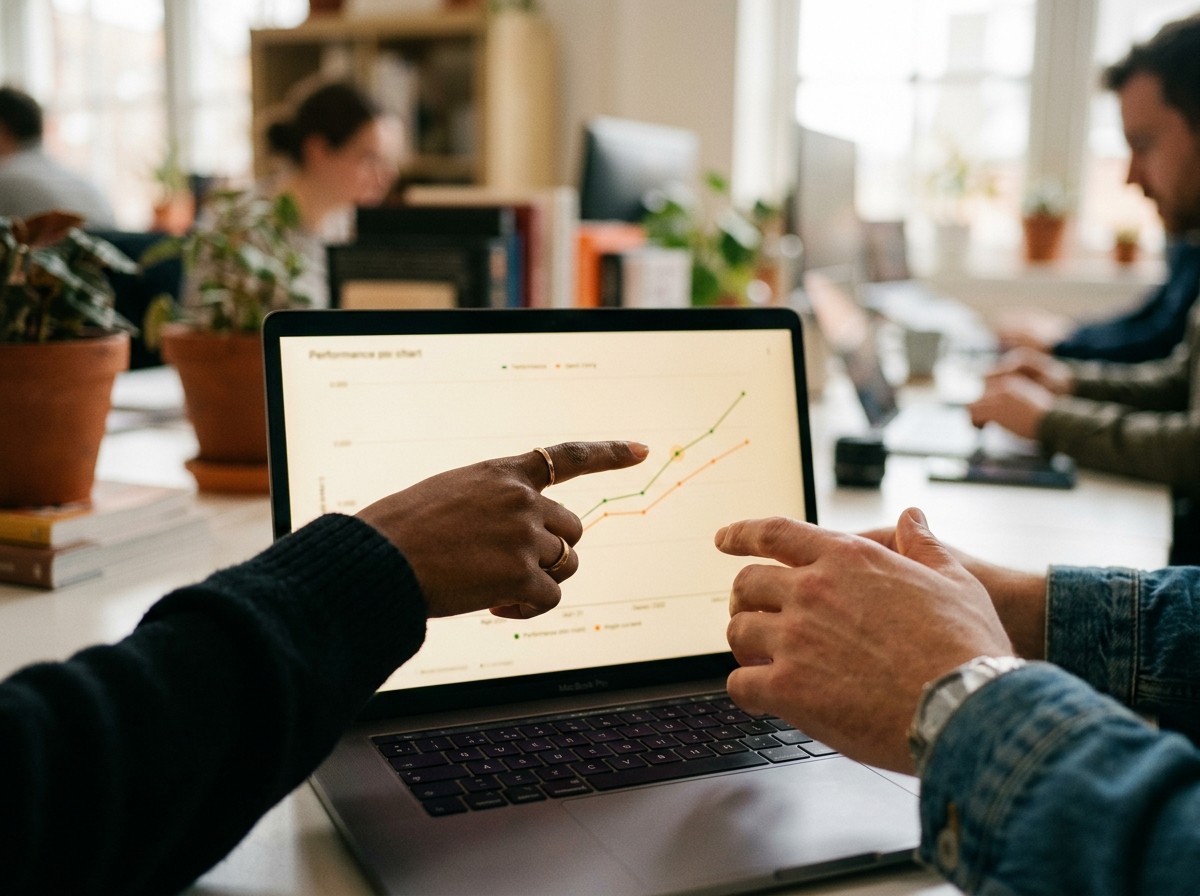 Two people pointing at a performance chart on a laptop screen across an office desk