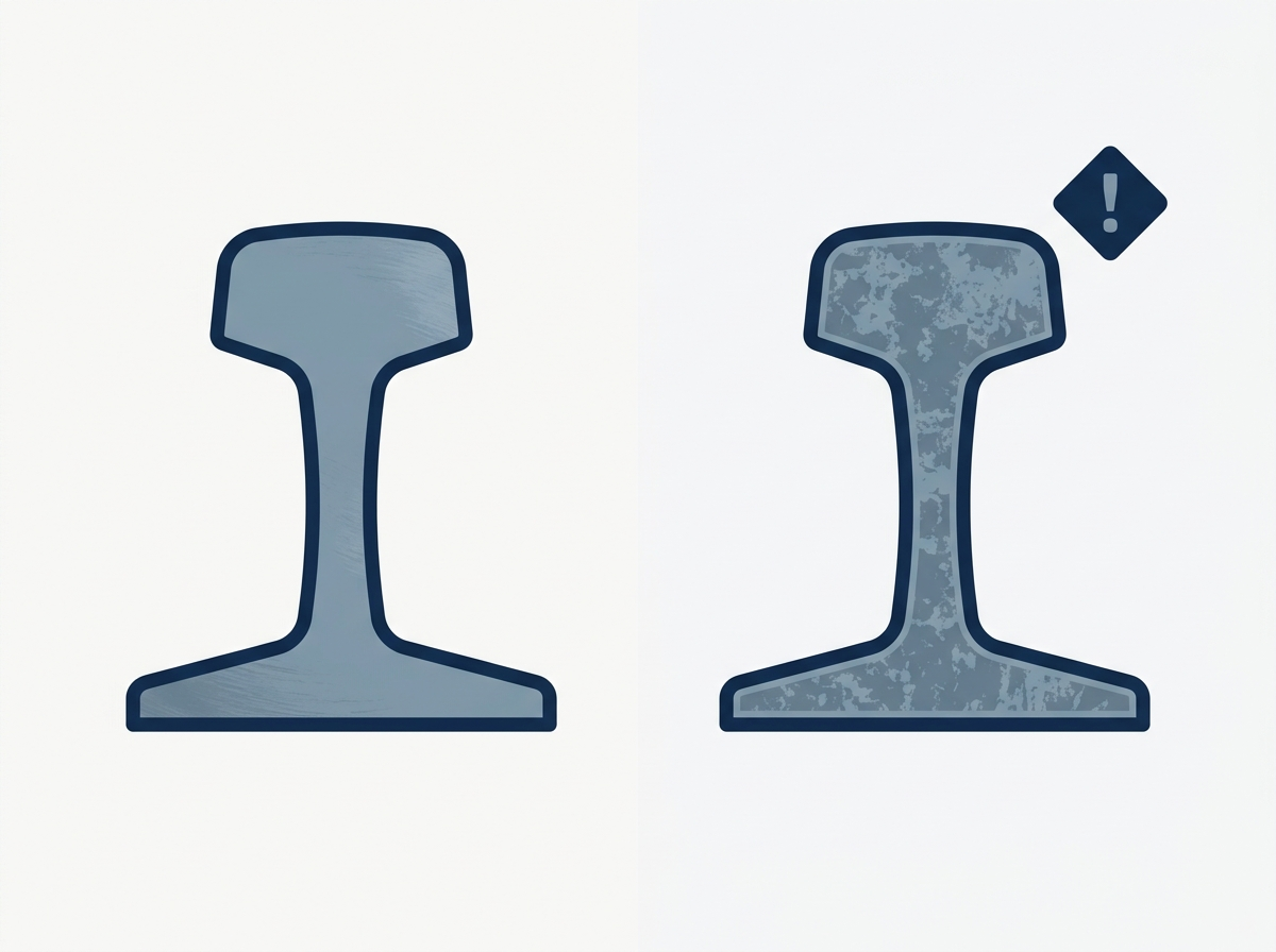 Illustration of two structural sections side by side, the right one mottled with corrosion and flagged