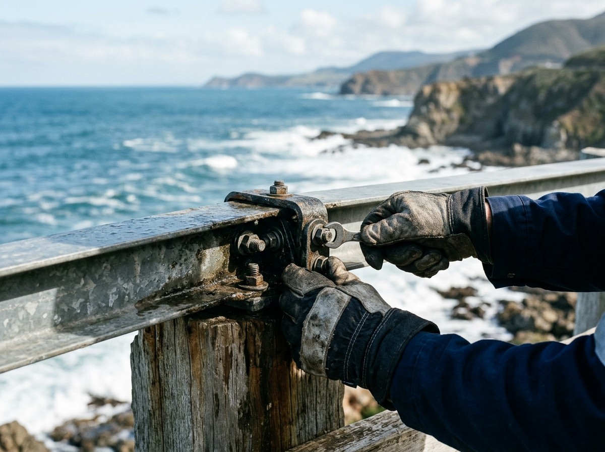 Gloved hands with a spanner on a bolted bracket joining a rail to a post, rust staining around the fixings