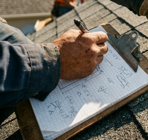 Hand sketching roof dimensions and pitch notes onto graph paper on a clipboard resting on a roof