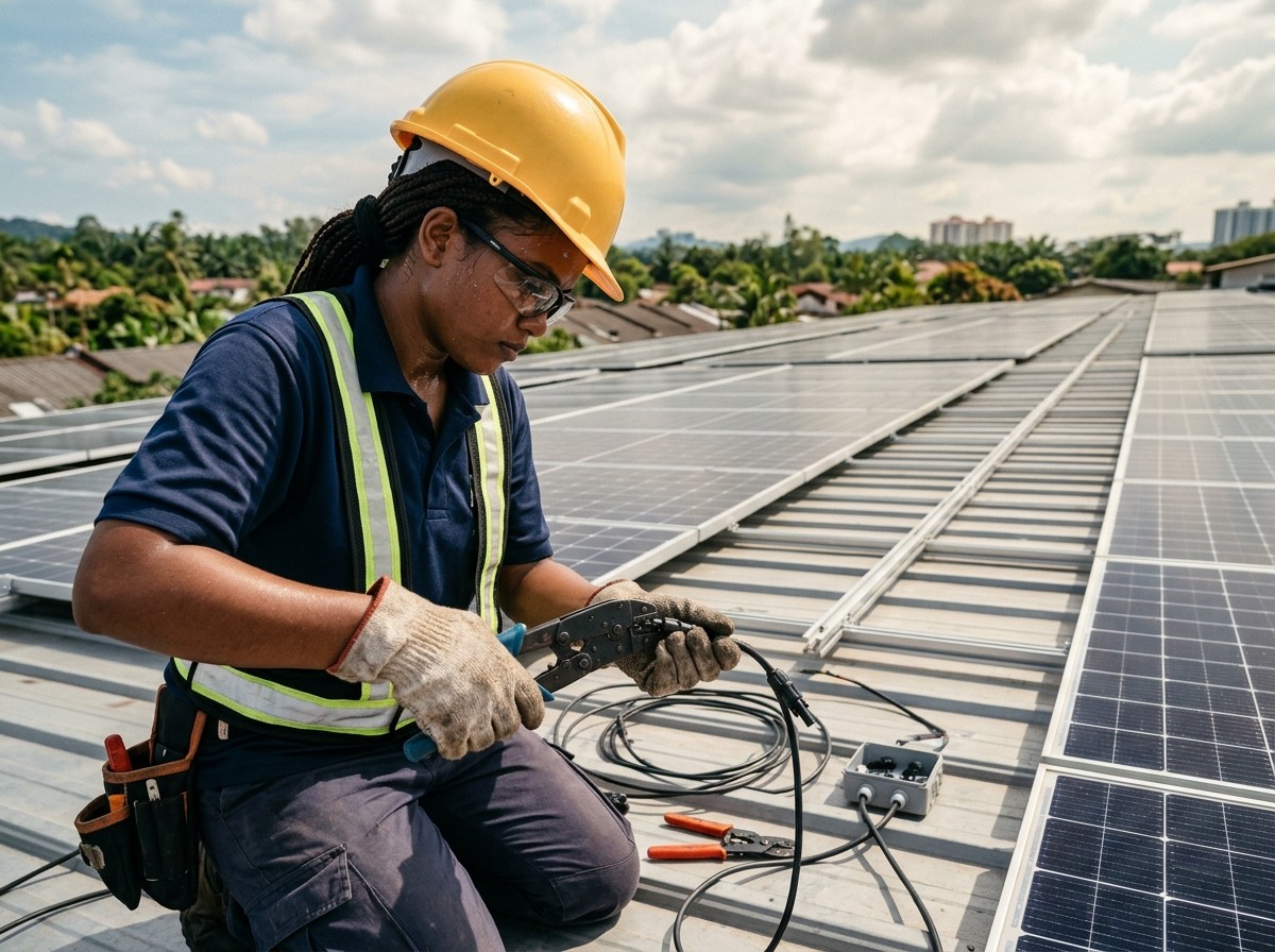 Installer crimping a solar DC connector with crimping pliers on a Malaysian rooftop array
