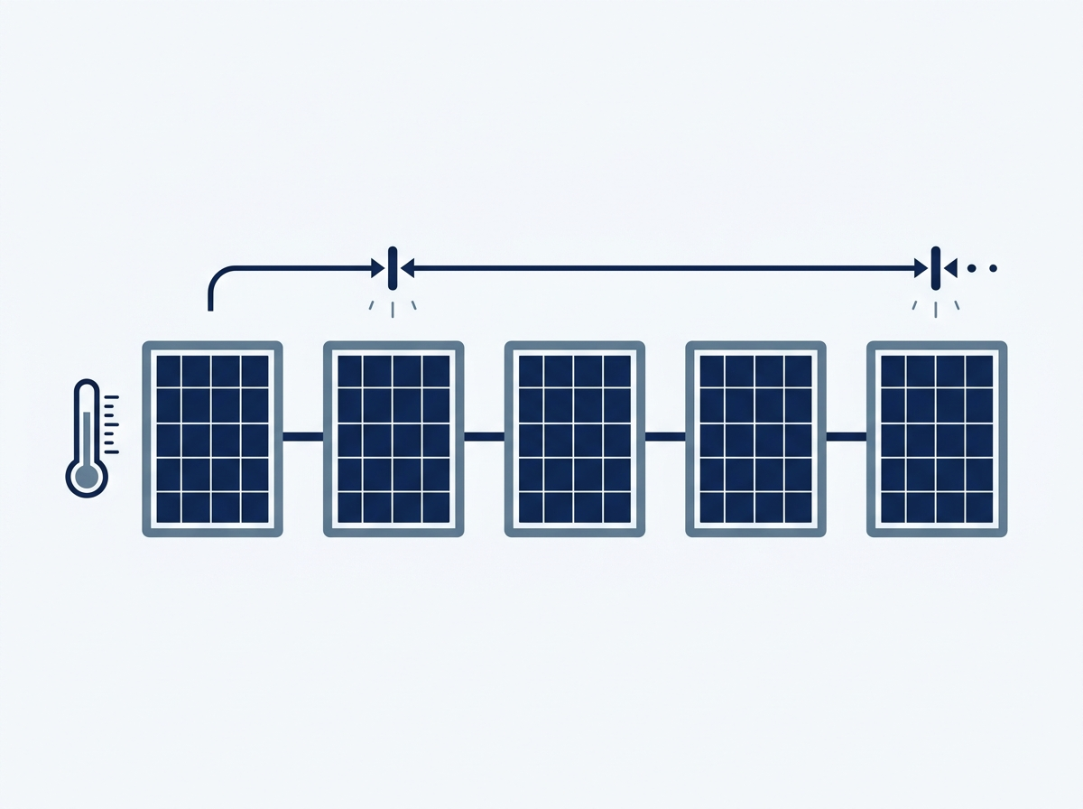 Flat illustration of five solar modules wired in series with a thermometer and voltage arrows across the string