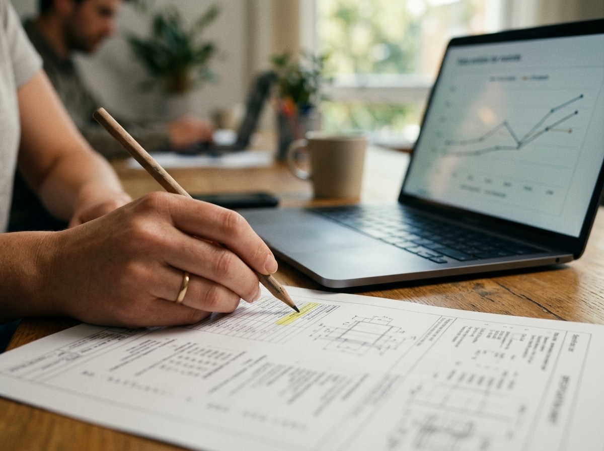 Hands annotating a printed electrical schematic with a pencil beside a laptop showing a performance chart