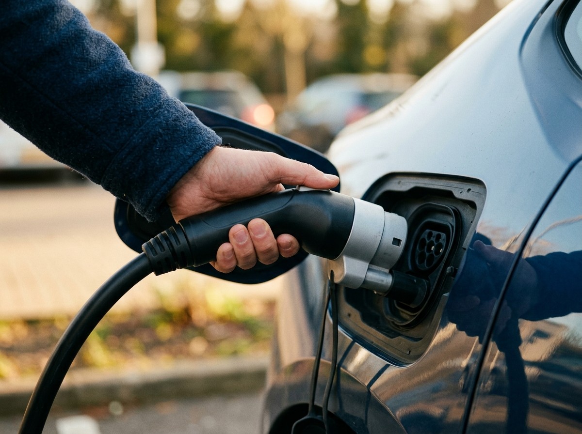 Hand holding a charging connector into an electric vehicle's charge port with the cable curving away