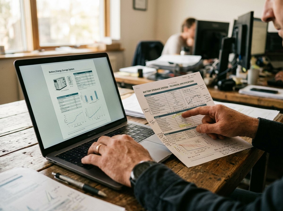 Engineer at a laptop showing a battery storage datasheet, holding a printed specification sheet marked up by hand